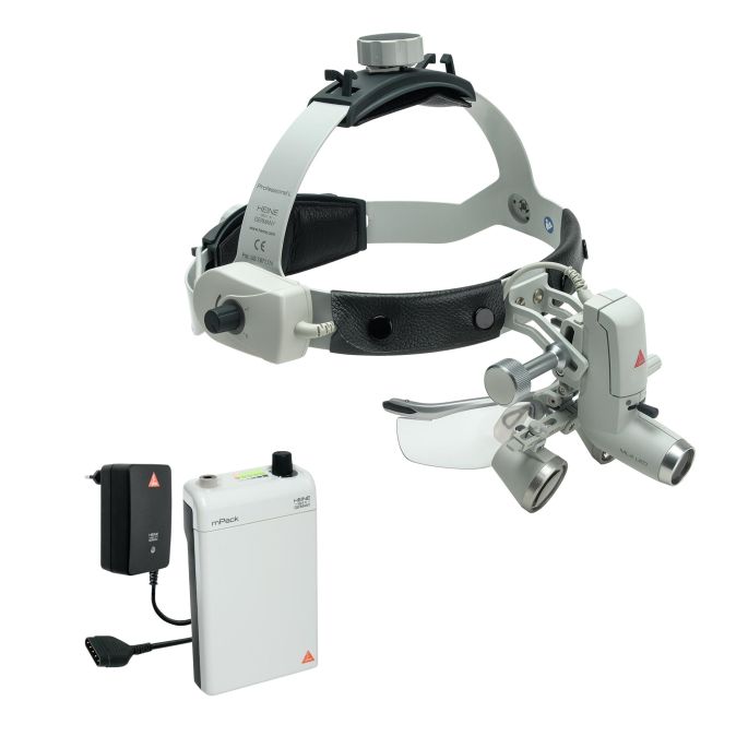 HEINE ML4 LED voorhoofdlamp met HR binoculaire loep 2,5x op 420 mm werkafstand met S-GUARD spatbescherming