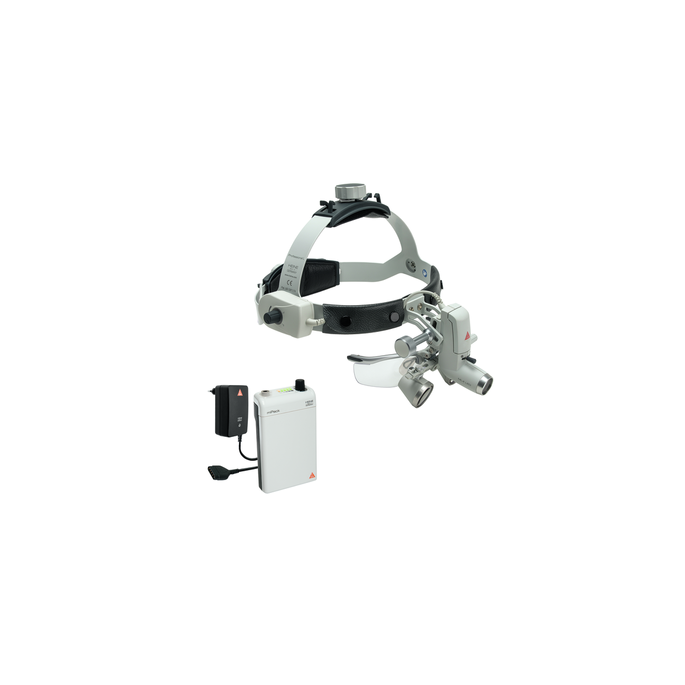 HEINE ML4 LED voorhoofdlamp met HR binoculaire loep 2,5x op 420 mm werkafstand met S-GUARD spatbescherming