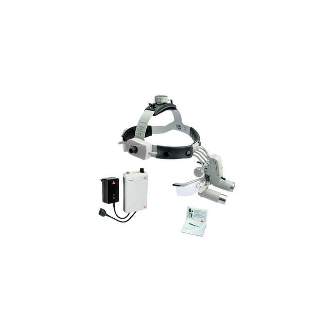 HEINE ML4 LED voorhoofdlamp met HRP binoculaire loep 6x op 340 mm werkafstand met S-GUARD spatbescherming