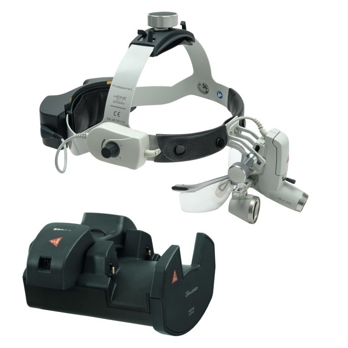 HEINE ML4 LED UNPLUGGED voorhoofdlamp met HR binoculaire loep 2,5x op 420 mm werkafstand met S-GUARD spatbescherming