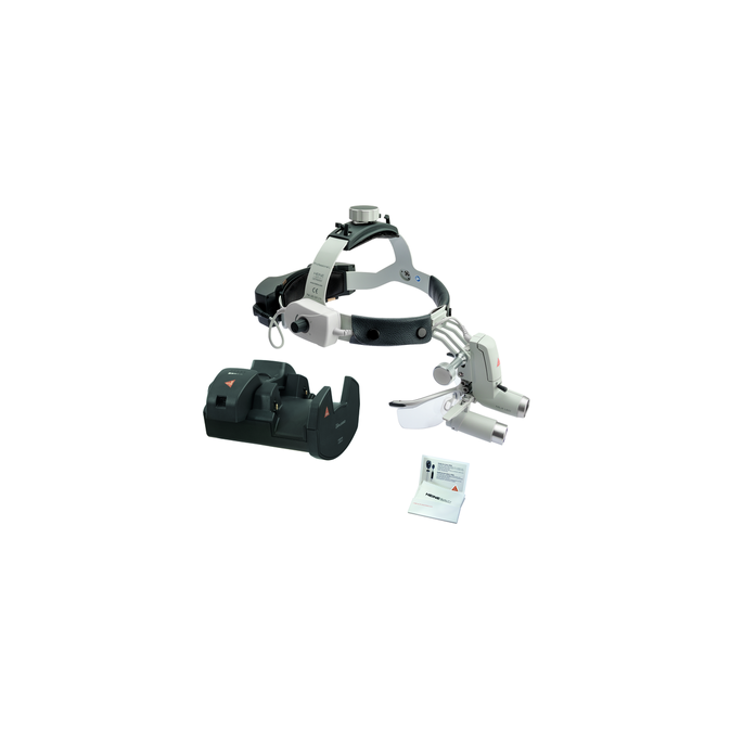 HEINE ML4 LED UNPLUGGED voorhoofdlamp met HRP binoculaire loep 3,5x op 420 mm werkafstand met S-GUARD spatbescherming