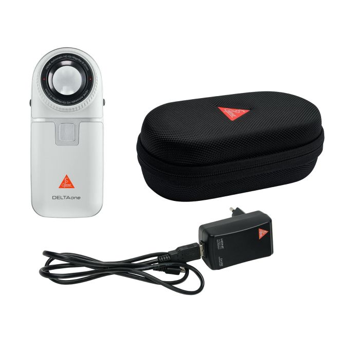 HEINE DELTA one dermatoscoop White Edition (wit-zilver) met contactplaat met schaalverdeling, USB-kabel met netadapter en koffer