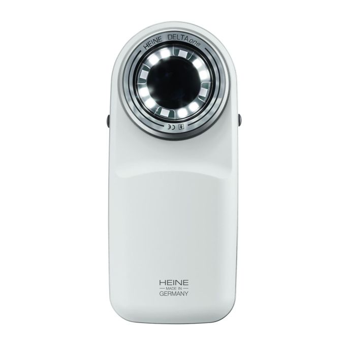 HEINE DELTA one dermatoscoop White Edition (wit-zilver) met contactplaat met schaalverdeling, USB-kabel met netadapter en koffer