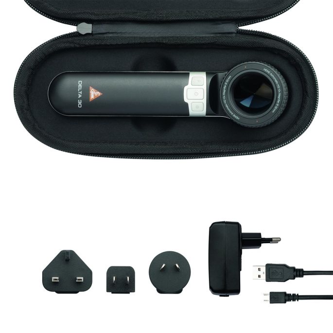 HEINE DELTA 30 dermatoscoop met contactplaat met schaalverdeling, USB-kabel, netadapter en harde koffer