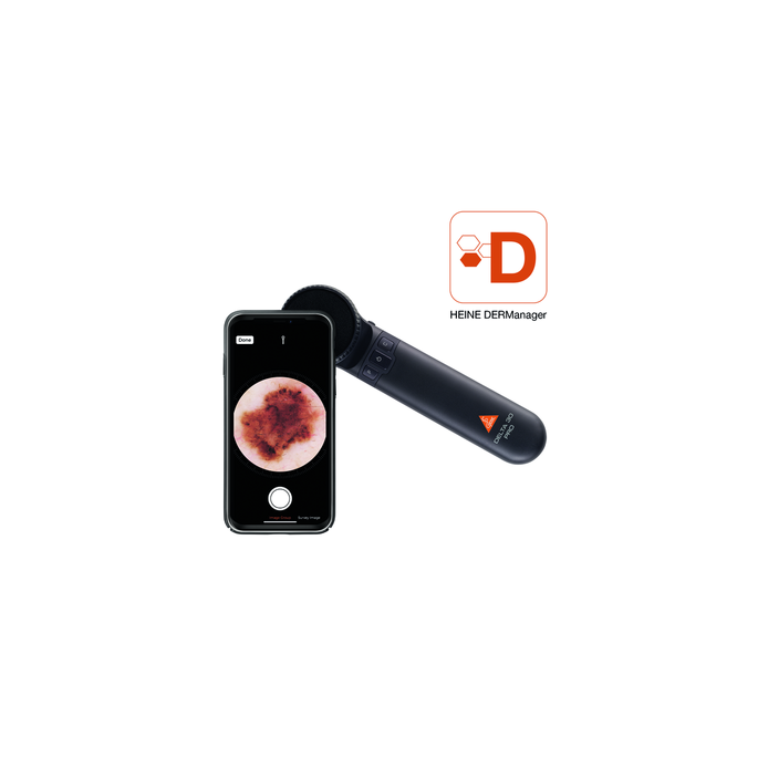 HEINE DELTA 30 PRO dermatoscoop complete bundel met twee contactplaten, tafellader, smartphone-adapter en harde koffer