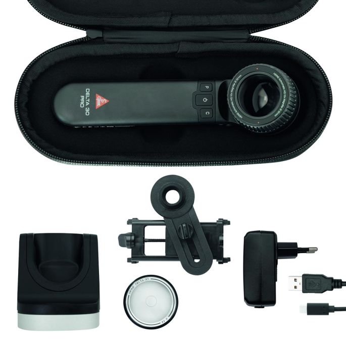 HEINE DELTA 30 PRO dermatoscoop complete bundel met twee contactplaten, tafellader, smartphone-adapter en harde koffer
