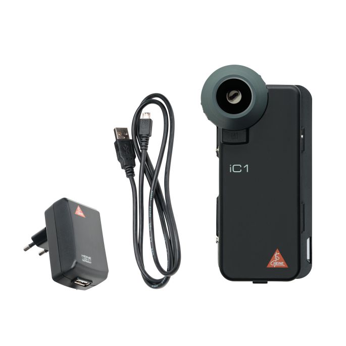 HEINE iC1 digitale dermatoscoop set met contactplaat met schaalverdeling, smartphone-case iC1/5 voor Apple iPhone 5s en SE (1e generatie), USB-kabel en medisch goedgekeurde voeding