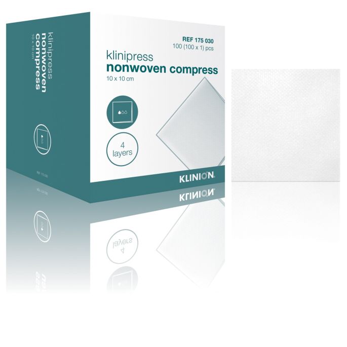 Klinion non-woven gaaskompres 10 x 10 cm 4-laags steriel, 100 stuks (100 x 1 verpakt)