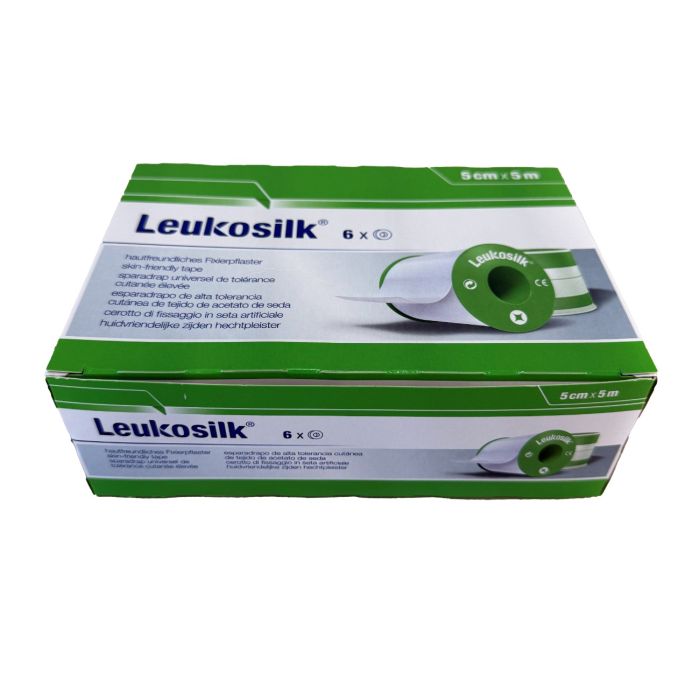Leukosilk hechtpleister op spoel, 5 cm x 5 m, 6 stuks