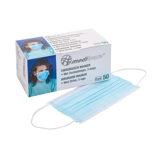 MediWare chirurgisch mondmasker Type IIR, 3-laags, blauw/wit (met oorelastieken)
