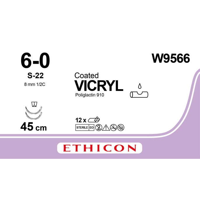 Vicryl violet 6-0, S-22 naald, W9566, 12 stuks